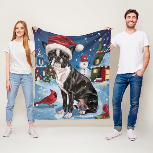Boston Terrier Hond Winter Wonderland Kerstvreugde Fleece Deken (In situ)
