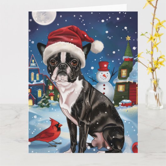 Boston Terrier Hond Winter Wonderland Kerstvreugde Kaart (Gele Bloem)