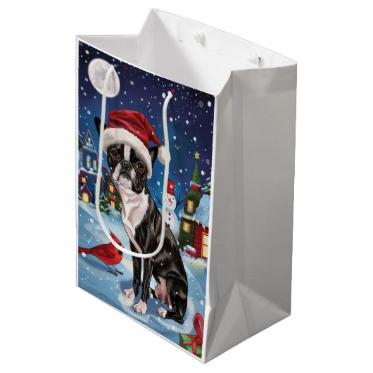 Boston Terrier Hond Winter Wonderland Kerstvreugde Medium Cadeauzakje (Voorkant Gekanteld)