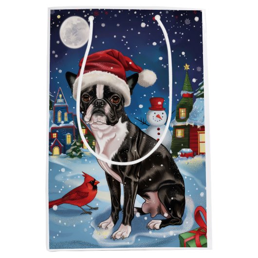 Boston Terrier Hond Winter Wonderland Kerstvreugde Medium Cadeauzakje (Voorkant)