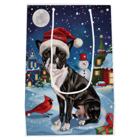 Boston Terrier Hond Winter Wonderland Kerstvreugde Medium Cadeauzakje (Achterkant)