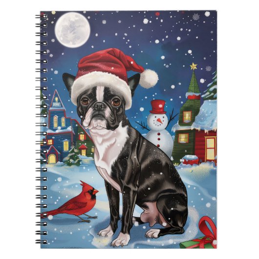 Boston Terrier Hond Winter Wonderland Kerstvreugde Notitieboek (Voorkant)