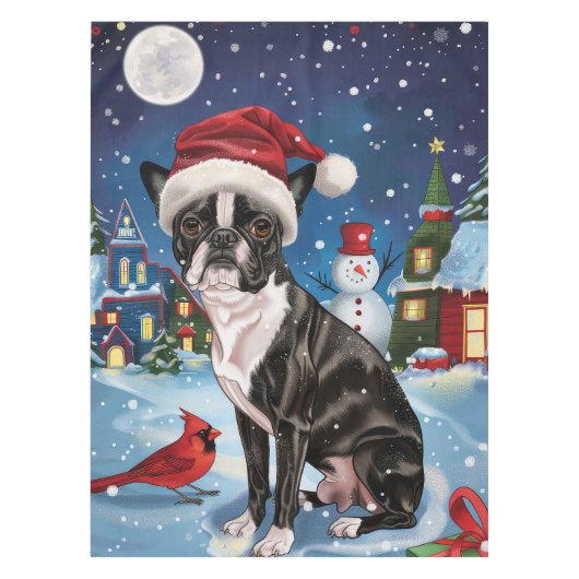 Boston Terrier Hond Winter Wonderland Kerstvreugde Tafelkleed (Voorkant)