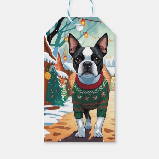 Boston Terrier Honden Kerst Sneeuw Vakantie Cadeaulabel (Voorkant)