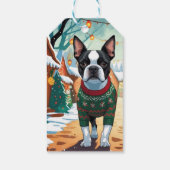 Boston Terrier Honden Kerst Sneeuw Vakantie Cadeaulabel (Achterkant)