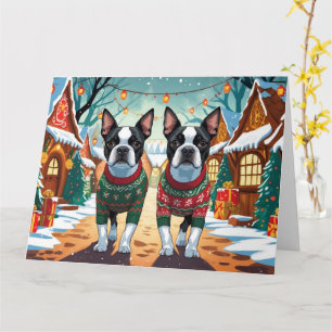 Boston Terrier Honden Kerst Sneeuw Vakantie Kaart