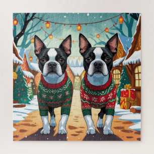 Boston Terrier Honden Kerst Sneeuw Vakantie Legpuzzel