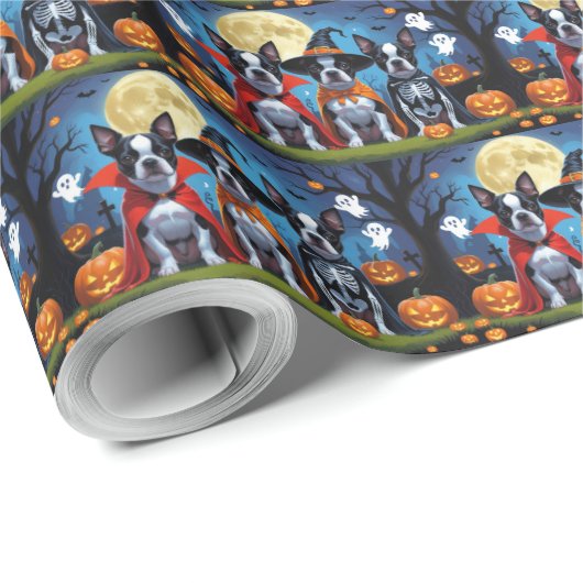 Boston Terrier Honden Pompoen Halloween Grappig Cadeaupapier (Rol Hoek)