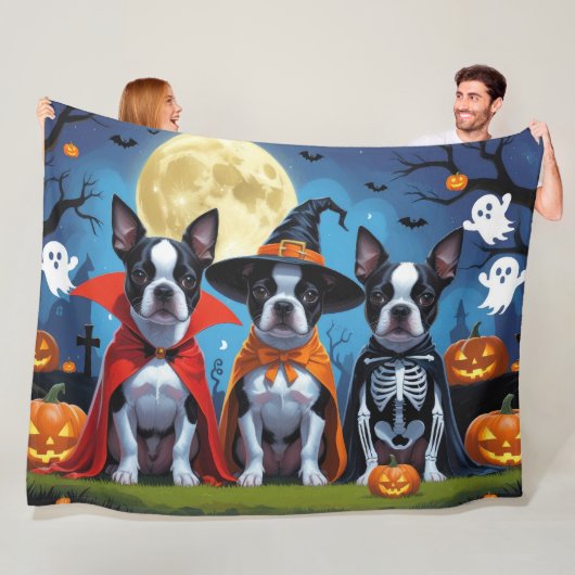 Boston Terrier Honden Pompoen Halloween Grappig Fleece Deken (In situ)