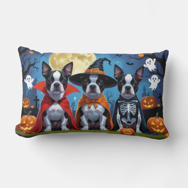 Boston Terrier Honden Pompoen Halloween Grappig Kussen (Voorkant)