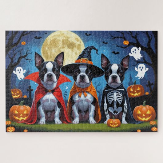 Boston Terrier Honden Pompoen Halloween Grappig Legpuzzel (Horizontaal)
