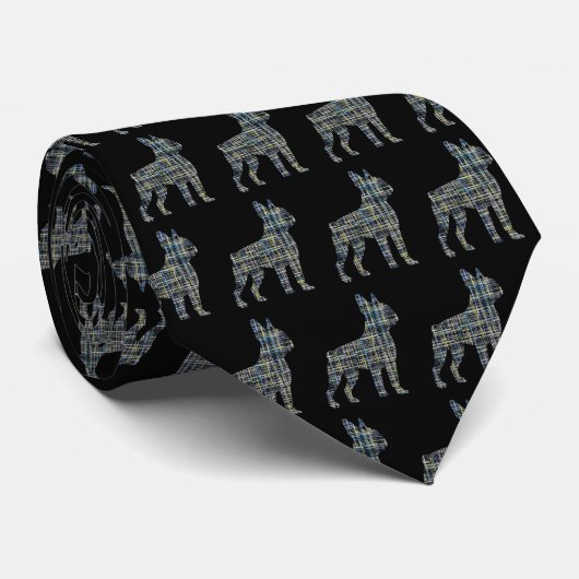 Boston Terrier Honden Silhouet Y&B Grid Zwarte Nek Stropdas (Opgerold)