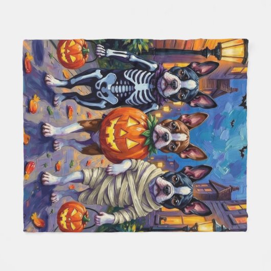 Boston Terrier Honden Trick-or-Treating in Hallowe Fleece Deken (Voorkant (Horizontaal))