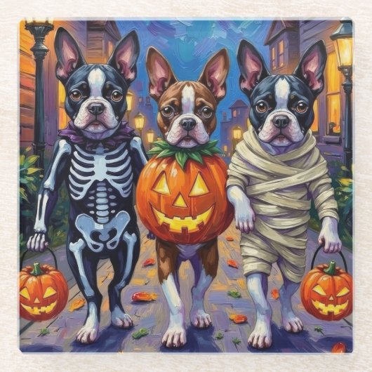 Boston Terrier Honden Trick-or-Treating in Hallowe Glazen Onderzetter (Voorkant)