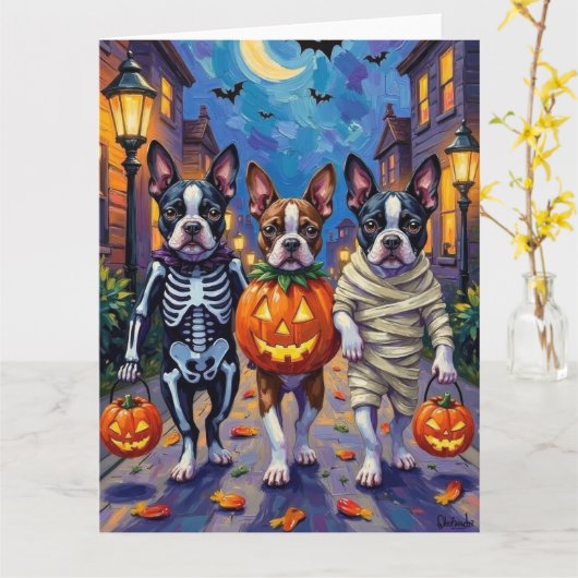 Boston Terrier Honden Trick-or-Treating in Hallowe Kaart (Gele Bloem)