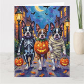 Boston Terrier Honden Trick-or-Treating in Hallowe Kaart (Voorkant)