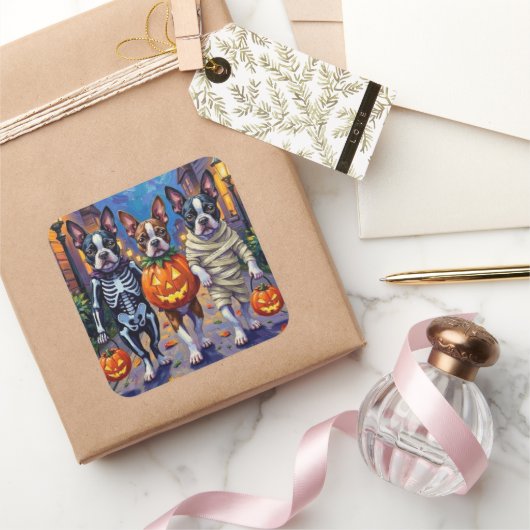 Boston Terrier Honden Trick-or-Treating in Hallowe Vierkante Sticker (Geschenken)