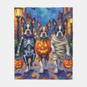 Boston Terrier Honden Trick-or-Treating op Hallowe Fleece Deken (Voorkant)