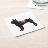 Boston Terrier Hondenras Boho Floral Silhouette Kartonnen Onderzetters (Schuin)