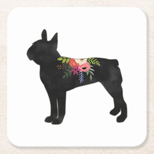 Boston Terrier Hondenras Boho Floral Silhouette Kartonnen Onderzetters (Voorkant)