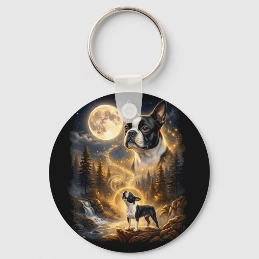 Boston terrier huilend naar de maan retro sleutelhanger (Voorkant)