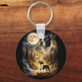 Boston terrier huilend naar de maan retro sleutelhanger (Voorkant)