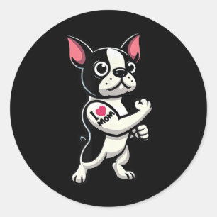 Boston Terrier I Love Mom Funny Dog Tattoo Ronde Sticker