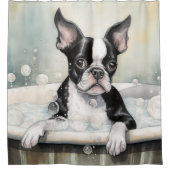 Boston Terrier in badkuip Waterverf Hondenkunst Douchegordijn (Voorkant)