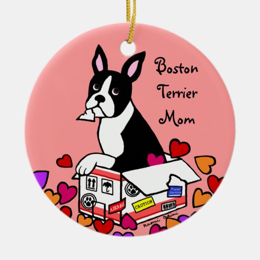 Boston Terrier in de Box Cartoon Keramisch Ornament (Voorkant)