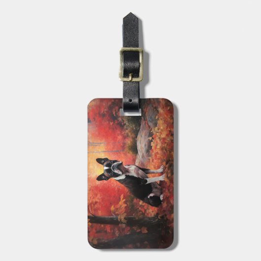 Boston Terrier in de herfst laat Herfst inspireren Bagagelabel (Voorkant verticaal)