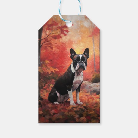 Boston Terrier in de herfst laat Herfst inspireren Cadeaulabel (Voorkant)
