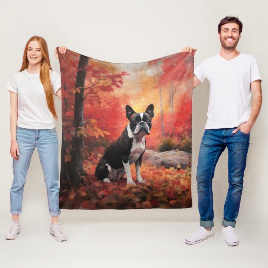Boston Terrier in de herfst laat Herfst inspireren Fleece Deken (In situ)