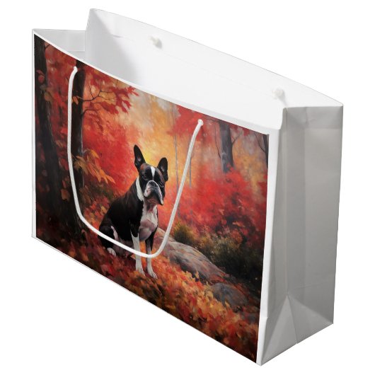 Boston Terrier in de herfst laat Herfst inspireren Groot Cadeauzakje (Voorkant Gekanteld)