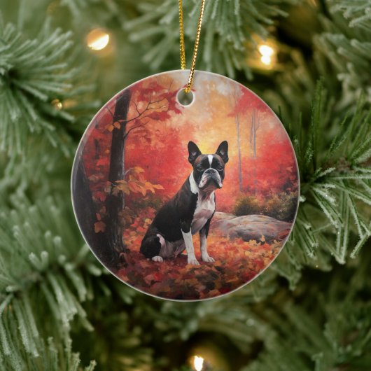 Boston Terrier in de herfst laat Herfst inspireren Keramisch Ornament (Boom)
