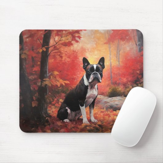 Boston Terrier in de herfst laat Herfst inspireren Muismat (Met muis)