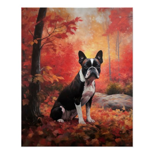Boston Terrier in de herfst laat Herfst inspireren Perfect Poster (Voorkant)