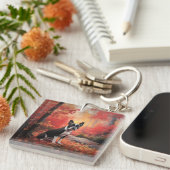 Boston Terrier in de herfst laat Herfst inspireren Sleutelhanger (Voorkant Rechts)