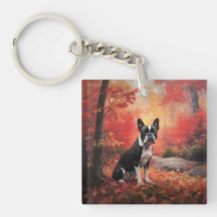 Boston Terrier in de herfst laat Herfst inspireren Sleutelhanger