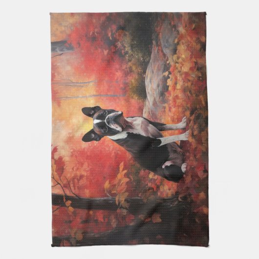 Boston Terrier in de herfst laat Herfst inspireren Theedoek (Verticaal)