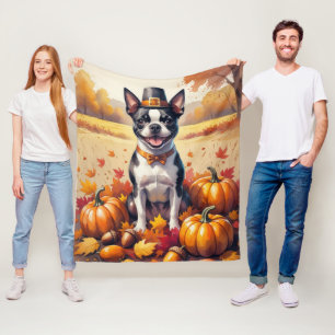 Boston Terrier in de herfst verlaat Thanksgiving k Fleece Deken