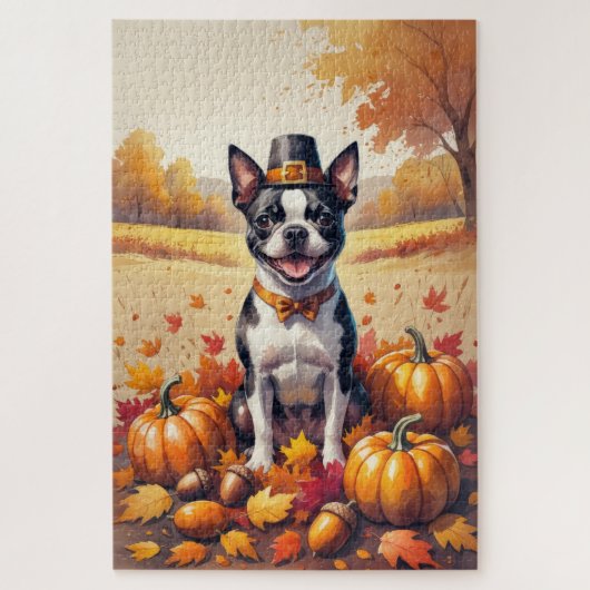 Boston Terrier in de herfst verlaat Thanksgiving k Legpuzzel (Verticaal)