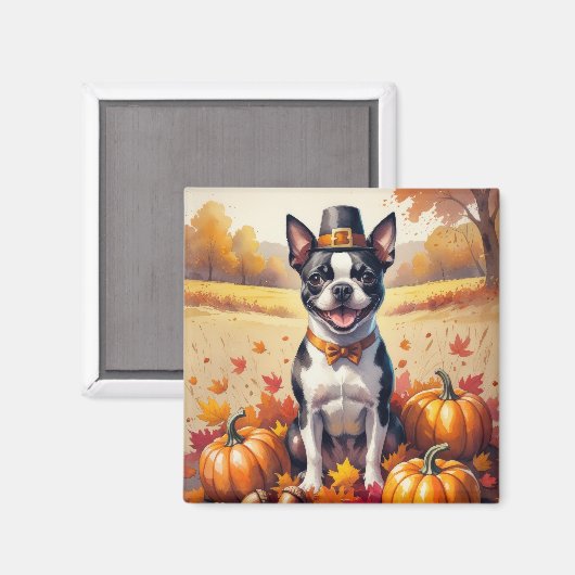 Boston Terrier in de herfst verlaat Thanksgiving k Magneet (Voorkant / Achterkant)