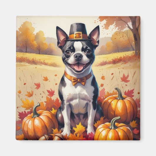 Boston Terrier in de herfst verlaat Thanksgiving k Magneet (Voorkant)