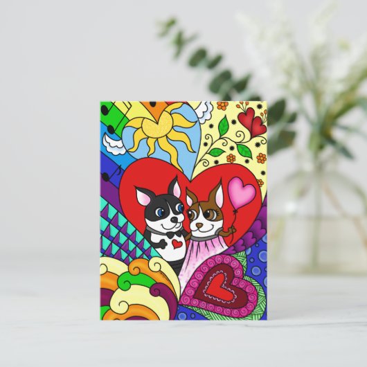 Boston Terrier in Doodle Pattern Briefkaart (Staand voorkant)