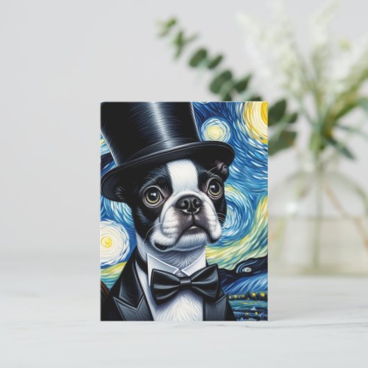 Boston Terrier in een Tophat Van Gogh Briefkaart (Staand voorkant)