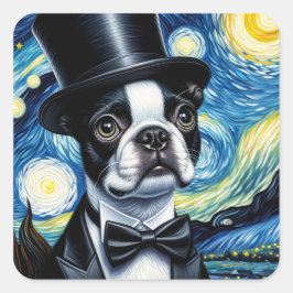 Boston Terrier in een Tophat Van Gogh Vierkante Sticker
