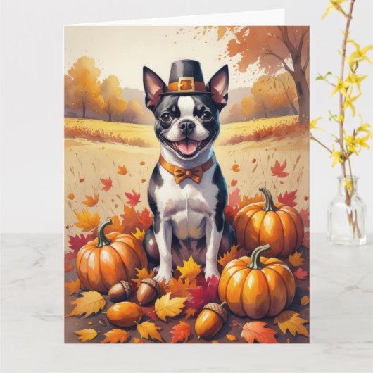 Boston Terrier in herfstbladeren Thanksgiving kuns Kaart (Gele Bloem)