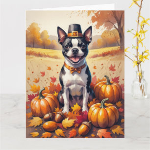 Boston Terrier in Herfstbladeren Thanksgiving Kuns Kaart