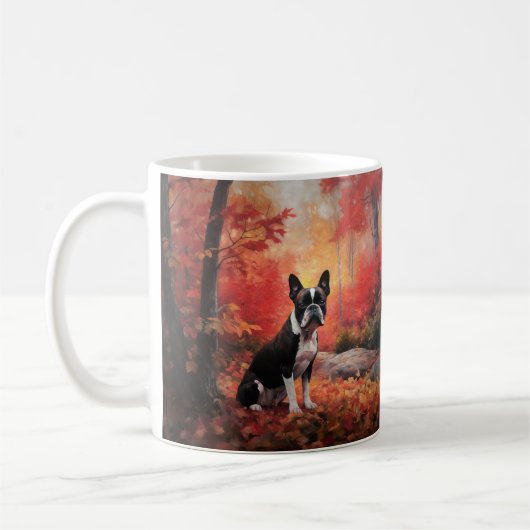 Boston Terrier in herfstbladeren val inspireert Koffiemok (Links)