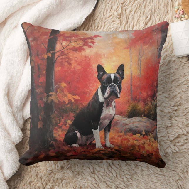 Boston Terrier in herfstbladeren val inspireert Kussen (Deken)